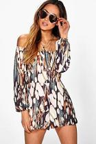 Boohoo Amy Feather Print Off The Shoulder Playsuit