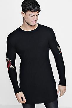 Boohoo Longline Rose Embroidery Muscle Fit Waffle Knit Jumper