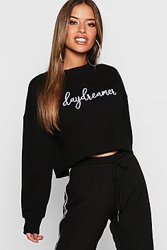 Boohoo Petite Embroidered Slogan Raw Hem Sweat Top