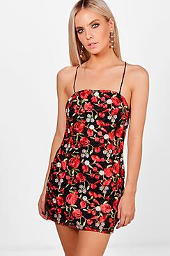 Boohoo Petite Nia Embroidered Strappy Bodycon Dress
