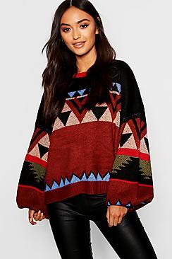 Boohoo Petite Aztec Knitted Balloon Sleeve Box Jumper