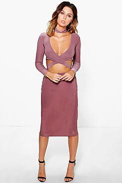 Boohoo Shay Neck Detail Cut Out Midi Bodycon Dress