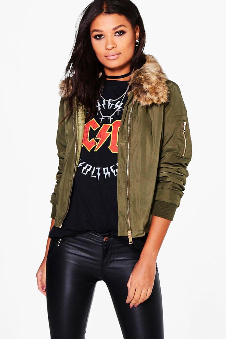 Boohoo Emma Faux Fur Detachable Collar Ma1 Bomber Khaki