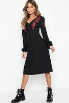 Boohoo Embroidered Blouson Sleeve Midi Dress