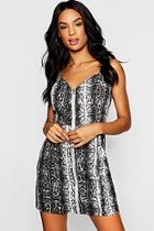 Boohoo Tall Snake Print Zip Through Denim Dress