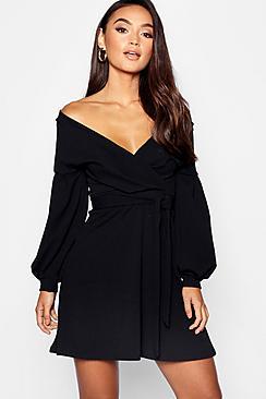 Boohoo Petite Off The Shoulder Wrap Detail Skater Dress