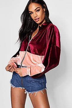 Boohoo Erin Velvet Colour Block Bomber Jacket