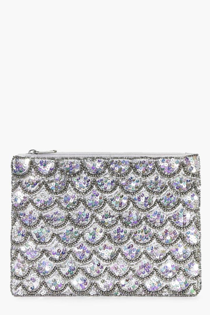 Boohoo Alice Mermaid Embellished Clutch Bag Silver