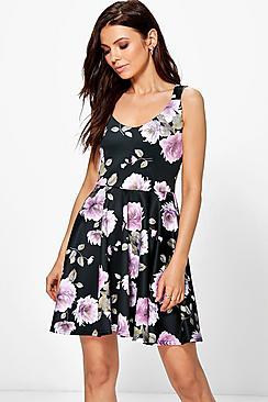 Boohoo Jacinta Floral Sweetheart Skater Dress