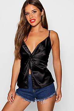 Boohoo Petite Shannon Knot Front Satin Cami Top