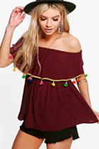 Boohoo May Mixed Pom Pom Hem Woven Off The Shoulder Top Wine