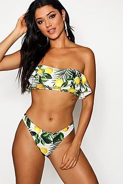 Boohoo Lemon Tropical Frill Bandeau Bikini Set