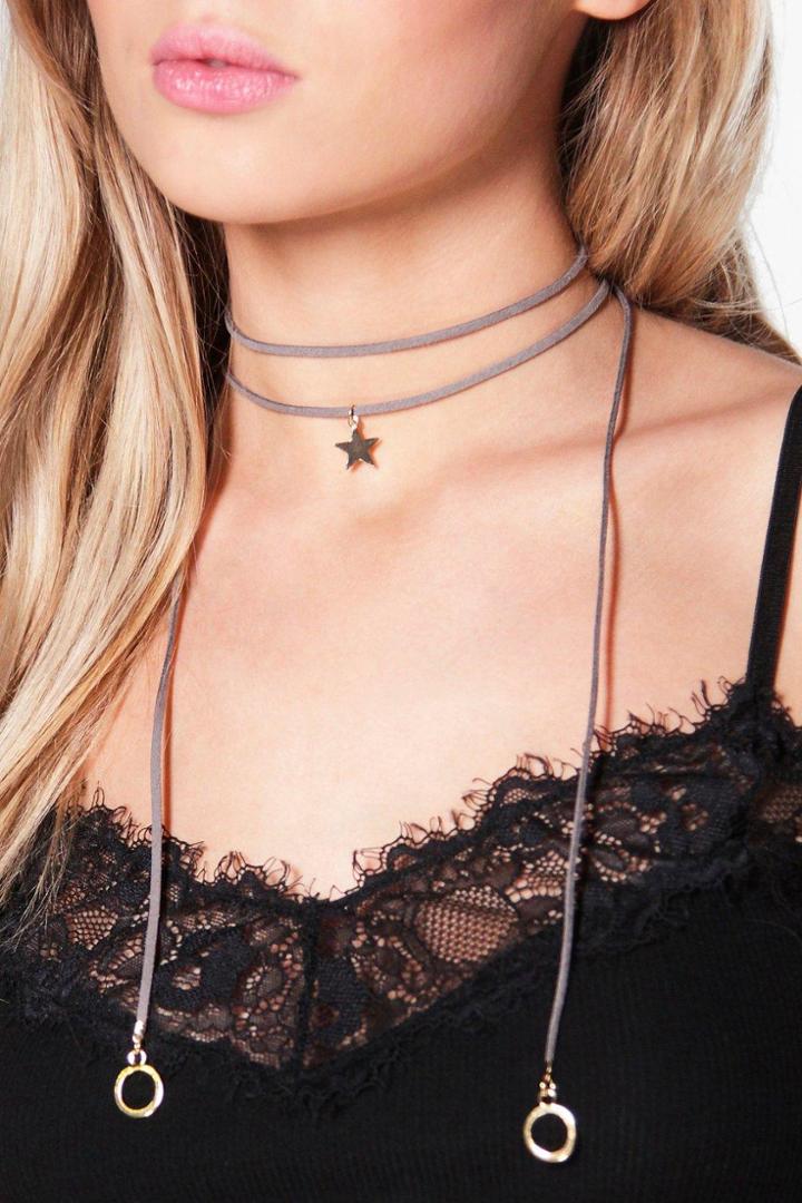 Boohoo Amy Star And Ring Detail Skinny Tie Choker Grey
