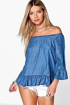 Boohoo Tara Ruffle Detail Off The Denim Shoulder Top