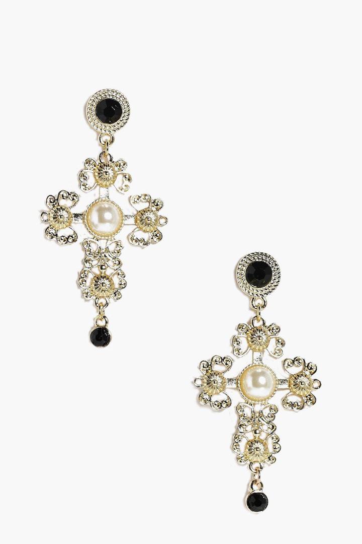 Boohoo Abigail Cross Filigree & Stone Earrings Gold
