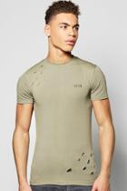 Boohoo Distressed Extreme Muscle Fit Man T-shirt Khaki