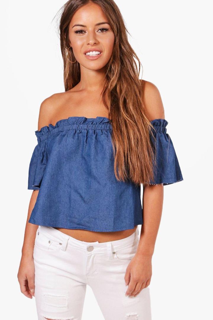 Boohoo Petite Emilie Stripe Ruffle Off The Shoulder Top Multi