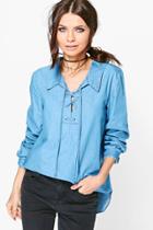 Boohoo Sophie Tie Front Chambray Blouse Blue