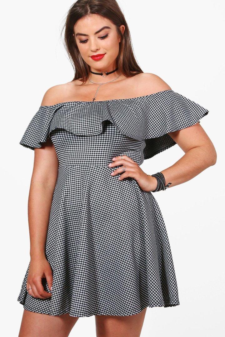 Boohoo Plus Keira Ruffle Gingham Skater Dress Black