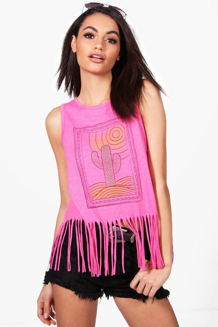 Boohoo Becky Cactus Print Fringed Tank Top Pink