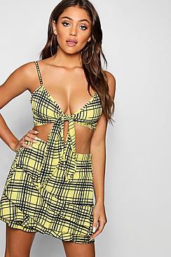 Boohoo Check Tie Front Top + Ruffle Detail Short Co-ord