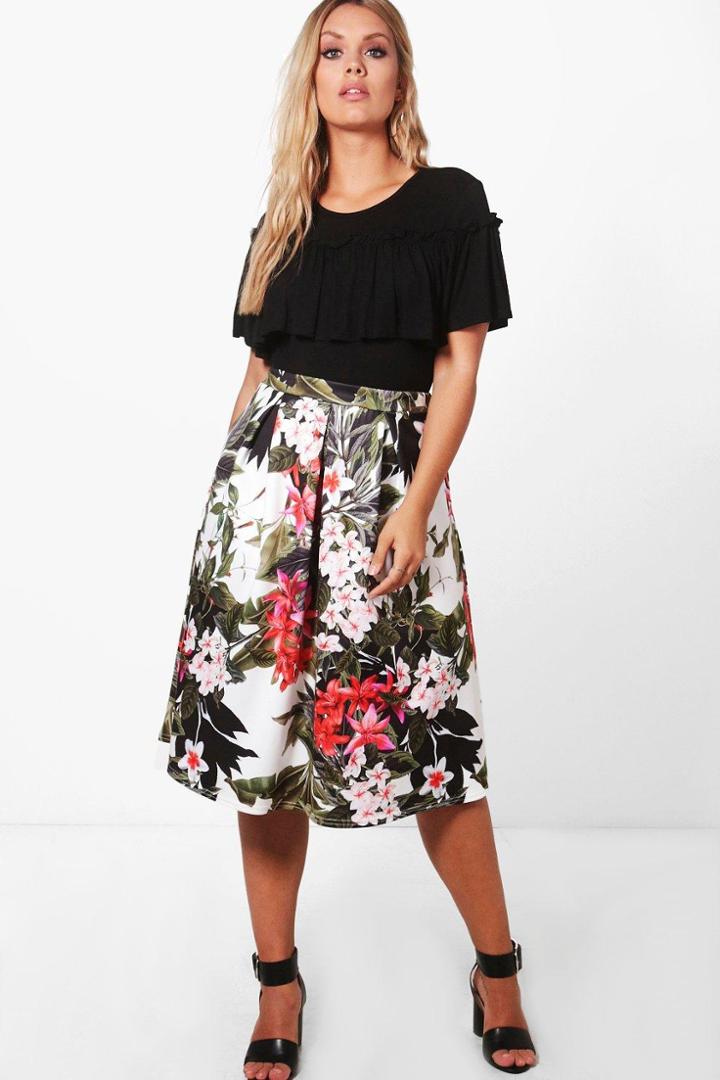 Boohoo Plus Lottie Floral Midi Skater Skirt Multi