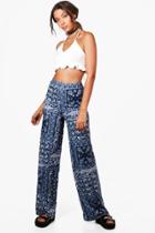 Boohoo Tall Lola Printed Wide Leg Trousers Navy