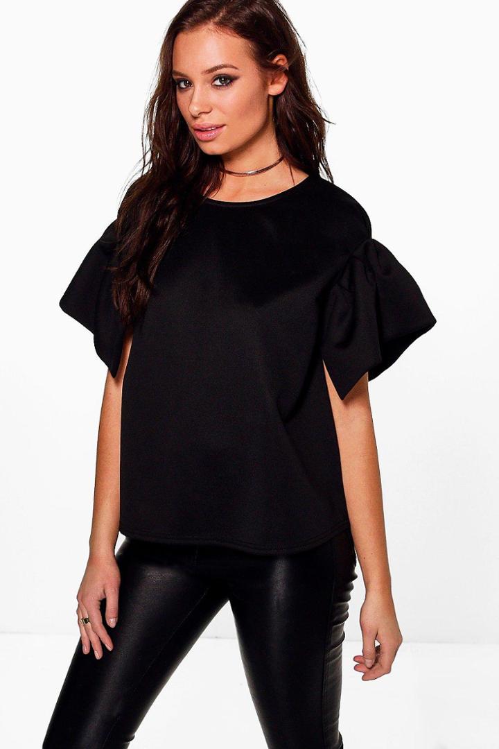 Boohoo Georgina Pleated Short Sleeve Scuba Top Black