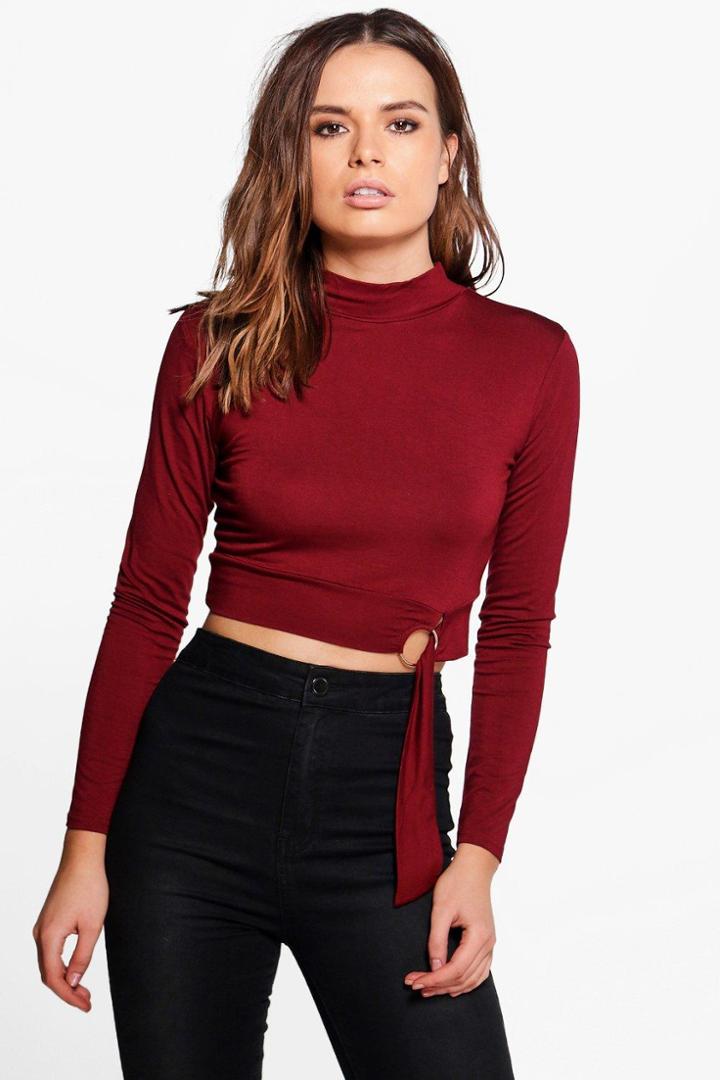 Boohoo Leah D Ring Long Sleeve High Neck Crop Wine