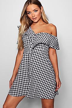 Boohoo Sarah Ruffle Button Front Checked Skater Dress