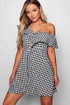 Boohoo Sarah Ruffle Button Front Checked Skater Dress