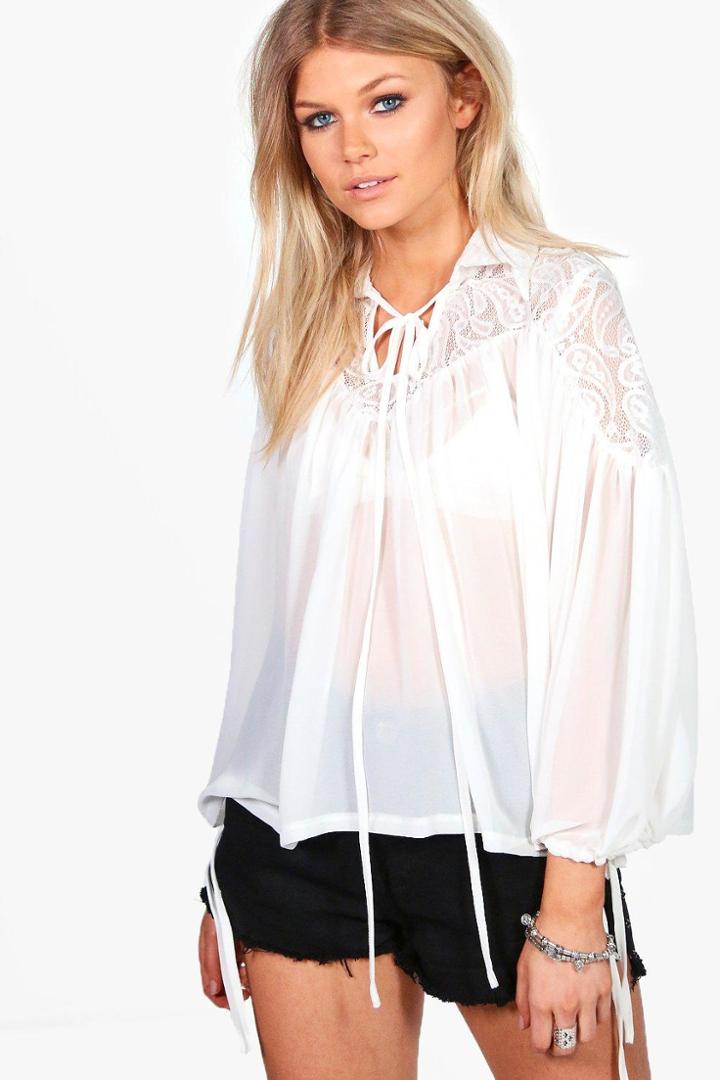 Boohoo Petite Georgia Lace Panel Tie Neck Blouse Ivory
