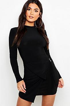 Boohoo Slinky High Neck Wrap Detail Bodycon Dress