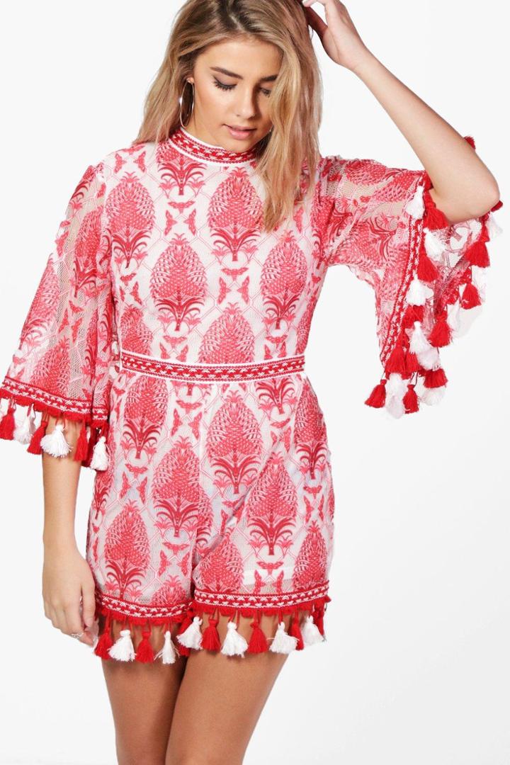 Boohoo Boutique Amelia Tassel Trim Playsuit Red