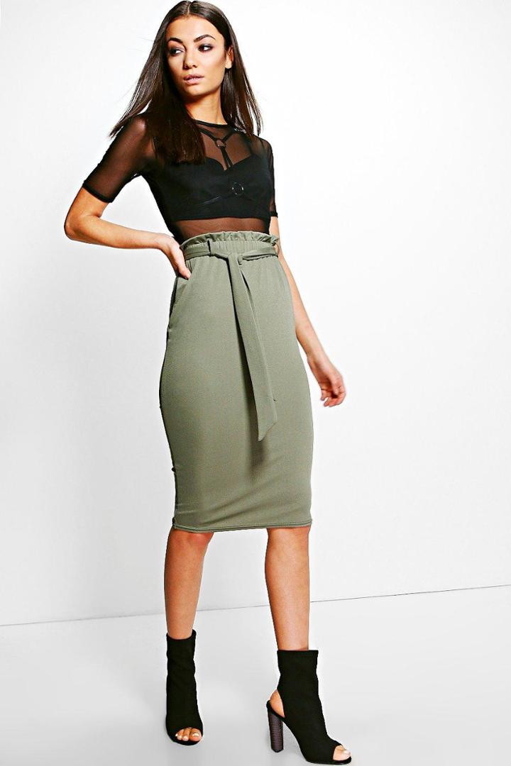 Boohoo Tall Alaina Belted Midi Skirt Khaki