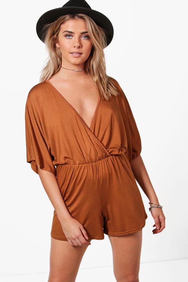 Boohoo Alexis Kimono Style Jersey Playsuit Tan