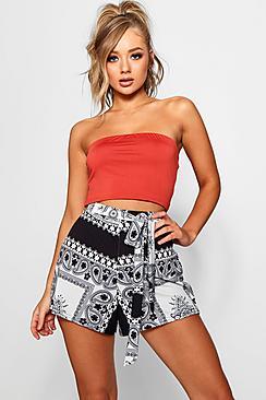 Boohoo Monica Scarf Print Tie Belt Shorts