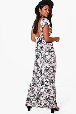 Boohoo Georgia Frill Sleeve Backless Floral Maxi Dress