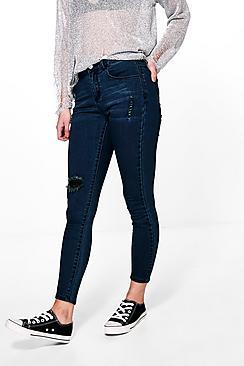 Boohoo Petite Ashley Mid Rise Skinny Ripped Knee Jeans