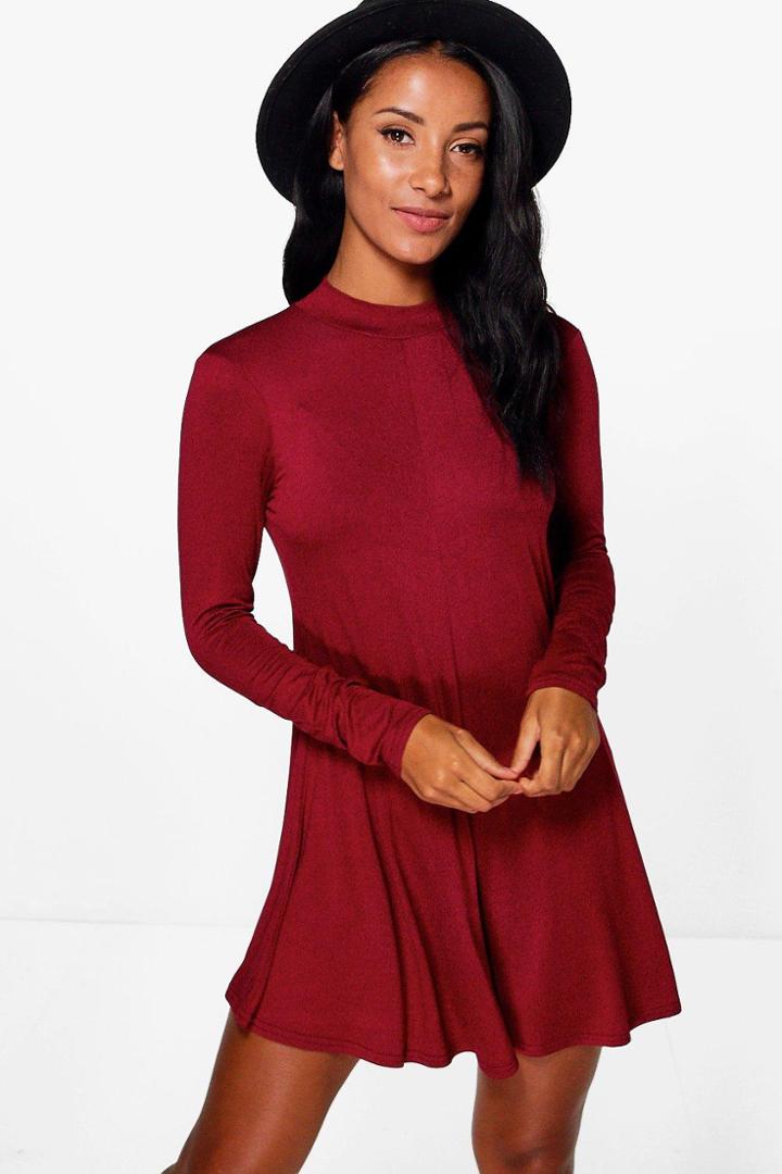 Boohoo Louise High Neck Swing Playsuit Merlot