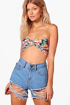Boohoo Petite Jemma Tropical Print Twist Bandeau