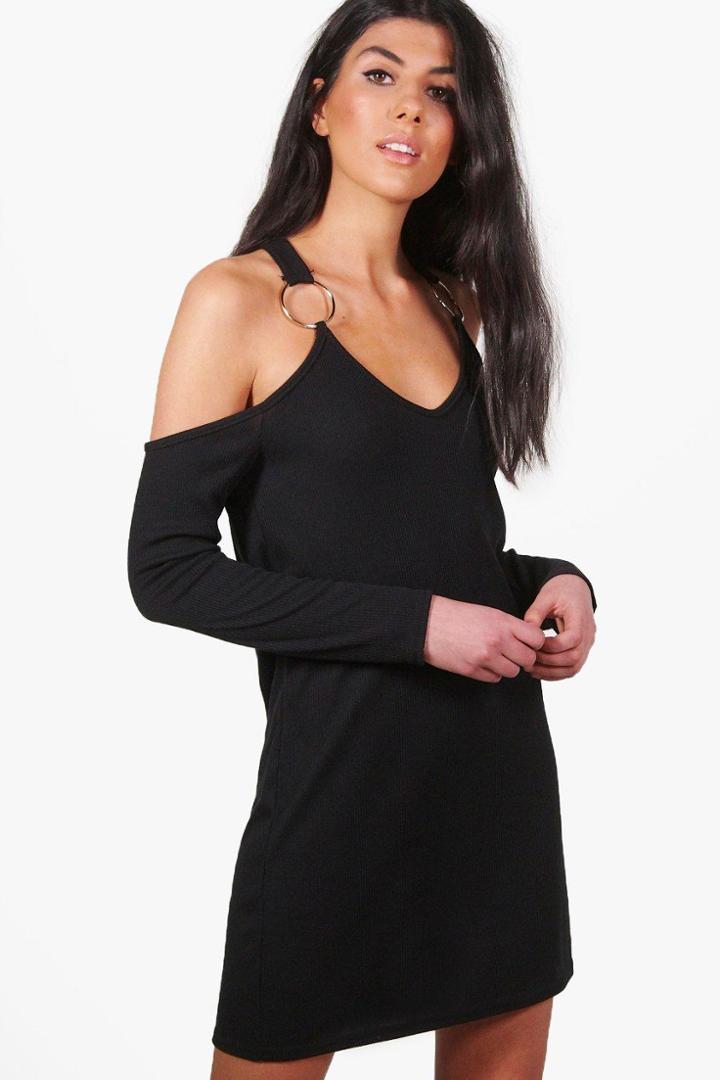 Boohoo Niamh Rib O-ring Cold Shoulder Shift Dress Black