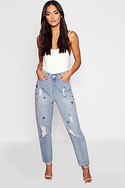 Boohoo Petite High Rise Jewel Detail Mom Jean