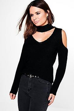 Boohoo Ruth Cold Shoulder Choker Jumper