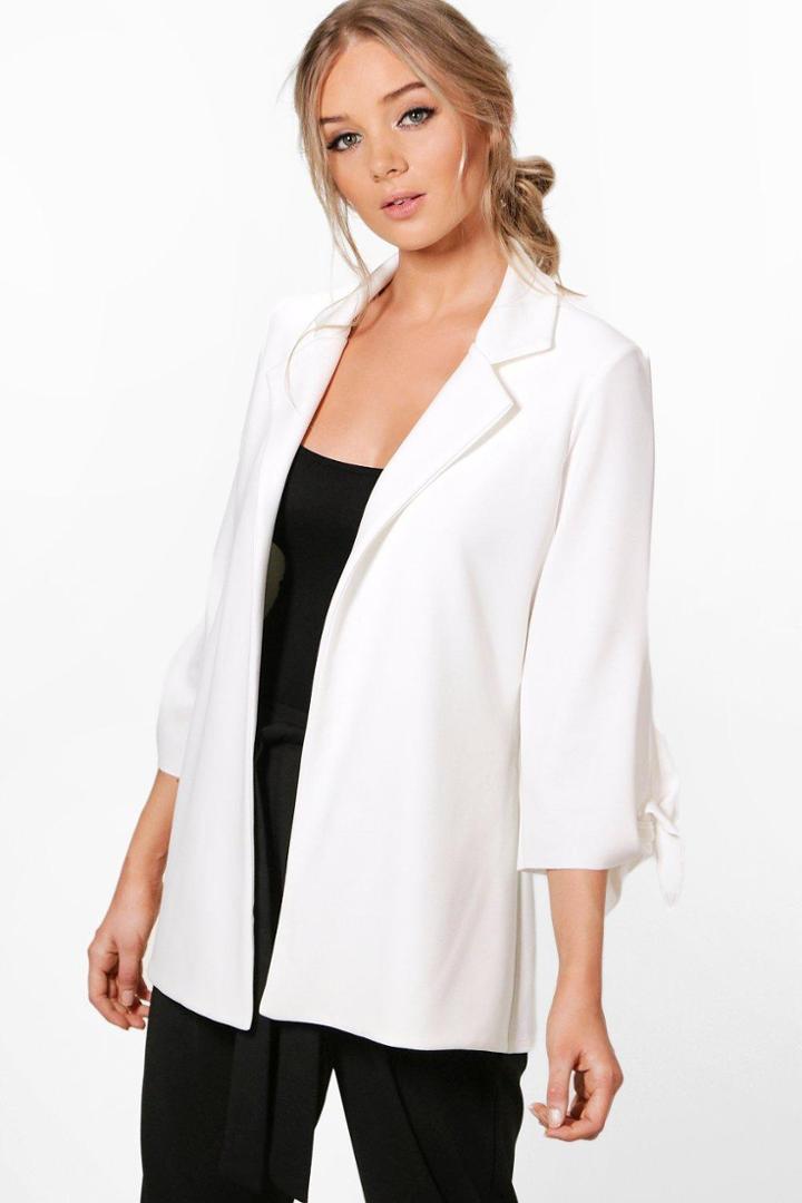 Boohoo Emma Tie Cuff Tailored Blazer Ivory