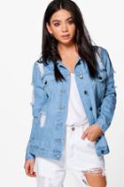 Boohoo Sully Multi Ripped Distressed Jean Jacket Blue