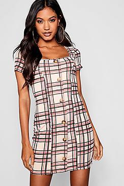 Boohoo Checked Square Neck Horn Button Mini Dress