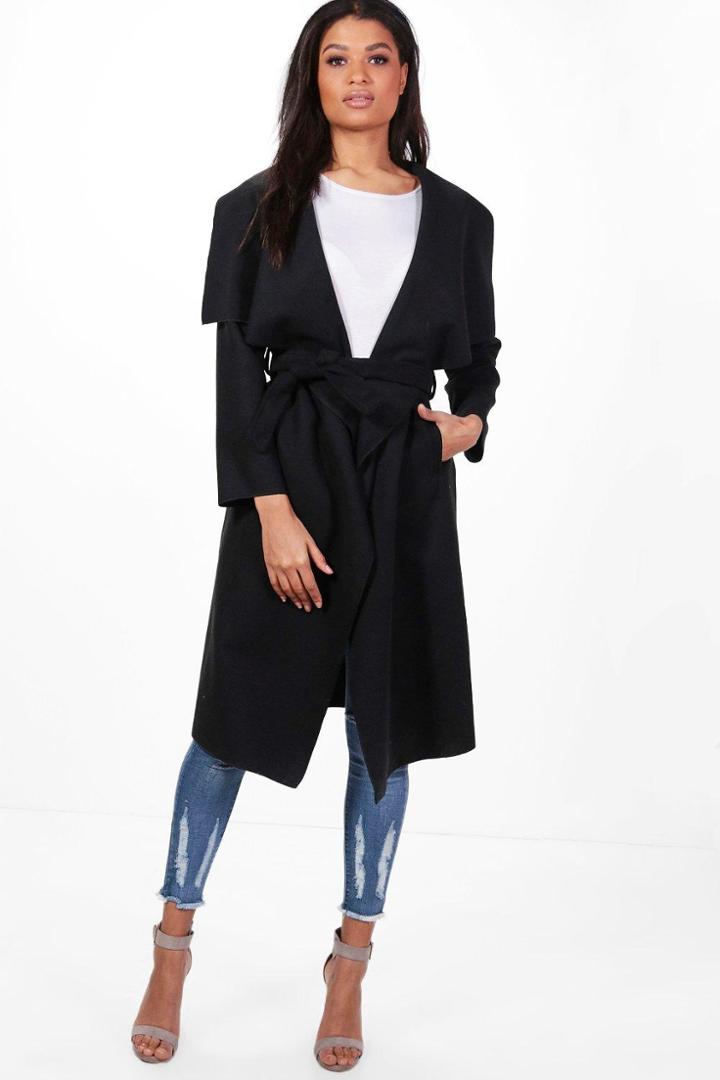 Boohoo Francesca Belted Waterfall Coat Black