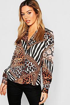 Boohoo Petite Animal Print Long Sleeve Shirt