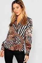 Boohoo Petite Animal Print Long Sleeve Shirt